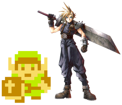 Link du jeu Zelda en 8bit et le héros de Final Fantasy VII.