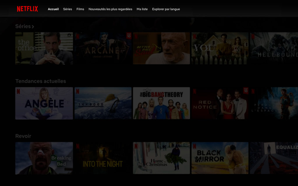 écran d'accueil du service de streaming, Netflix. Le menu de navigation est mis en exergue.