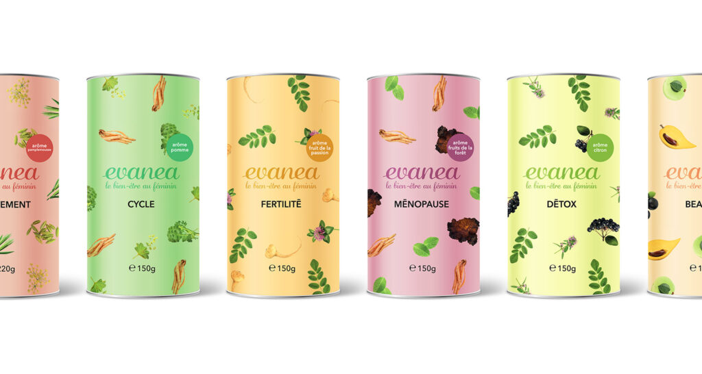 Identité visuelle pour Evanea, marque de compléments alimentaires pour femme