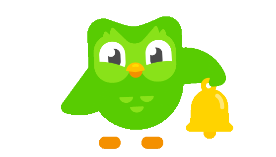 Le mascotte "Duo" de Duolingo animé, qui sonne un cloche