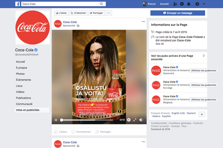 Publicité Facebook de Coca-Cola Finlande