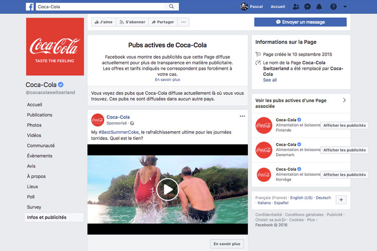 Publicité Facebook de Coca-Cola pour le public suisse romand